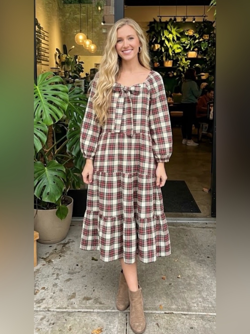 XL Ivy City Co Plaid Tie-Neck Tiered Midi Dress in Cream and Burgundy